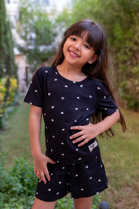 Girls summer pajama set Black Hearts t-shirt + Shorts